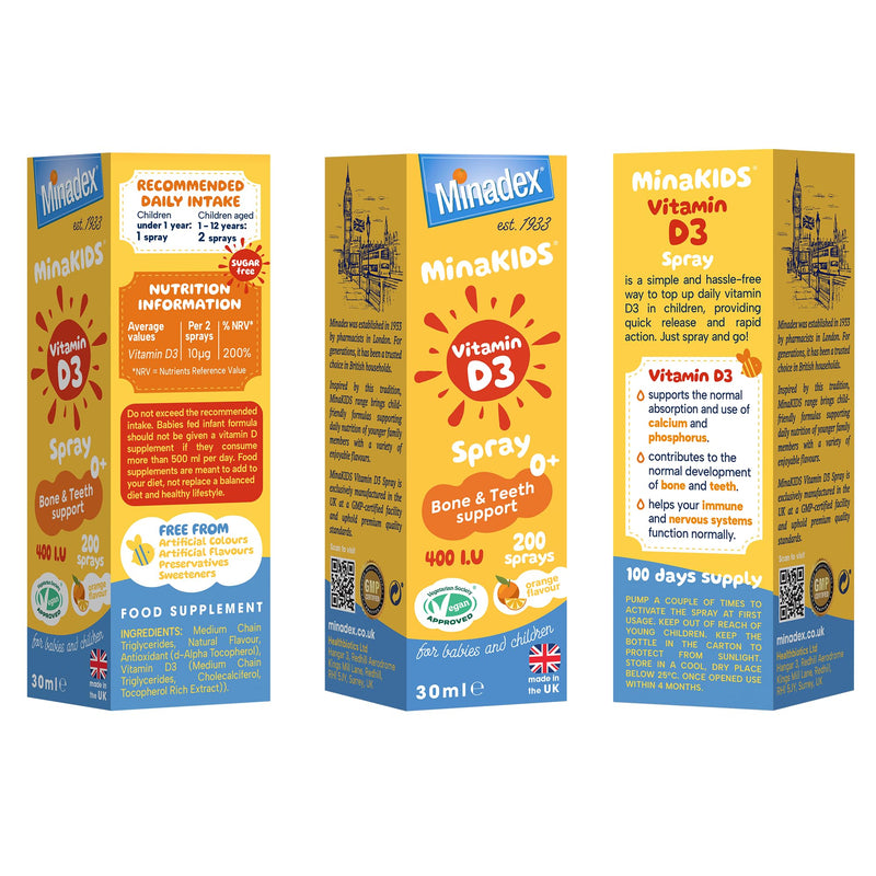MinaKIDS Vitamin D3 Spray – Yummy Orange Flavoured Vitamins for Babies and Children with 400 I.U D3, Recommended for Bone & Teeth Support, Helps Immune and Nervous Systems, Sugar-Free, Vegan