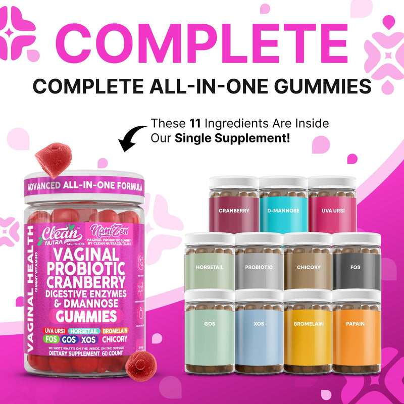 Clean Nutra Vaginal Probiotic Gummies for Women Cranberry Digestive Enzymes D Mannose Womens Probiotic Dmannose Horsetail Bromelain Chicory Fiber Feminine Care Prebiotics Inulin Papaya Enzyme Gummy