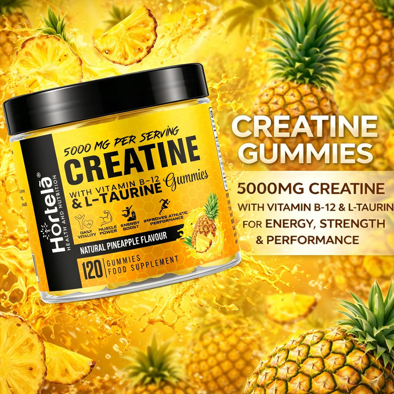 Creatine Gummies 5000mg – Creatine Monohydrate with B12 & L-Taurine | Pineapple Flavour Chewables for Men & Women | Energy, Muscle & Recovery Support | 120 Count (1 Month Supply) (Pineapple)