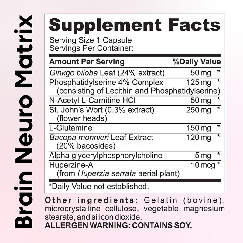 [Australia] - Nootropic Vitamin Brain Matrix- Ginkgo Biloba, Huperzine A, Bacopa Monnieri, L-Carnitine, Phosphatidylserine - Memory, Focus & Aging Support - 90 Tablets 3 Months' Supply. Decaffeinated 