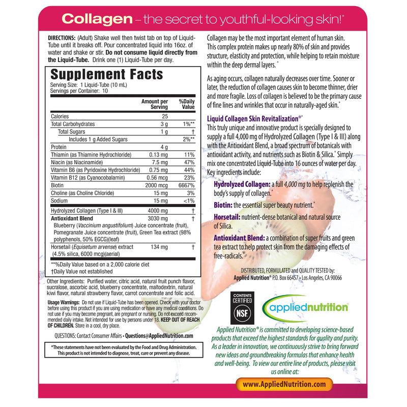 Applied Nutrition Liquid Collagen Skin Revitalization Drink (2 Pack) | Healthy-Looking Skin | 4,000 mg Collagen + Biotin + Silica | Strawberry Kiwi Flavor Collagen Drink | 2 X 10 Liquid Tubes