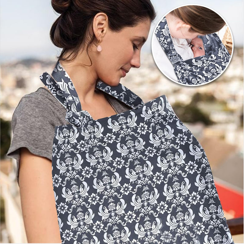 [Australia] - UHINOOS Nursing Cover for Mom Breastfeeding, Baby Privacy Nursing Covers Up Breathable Cotton with Ajustable Hoop for Mother(Flower) Grey 