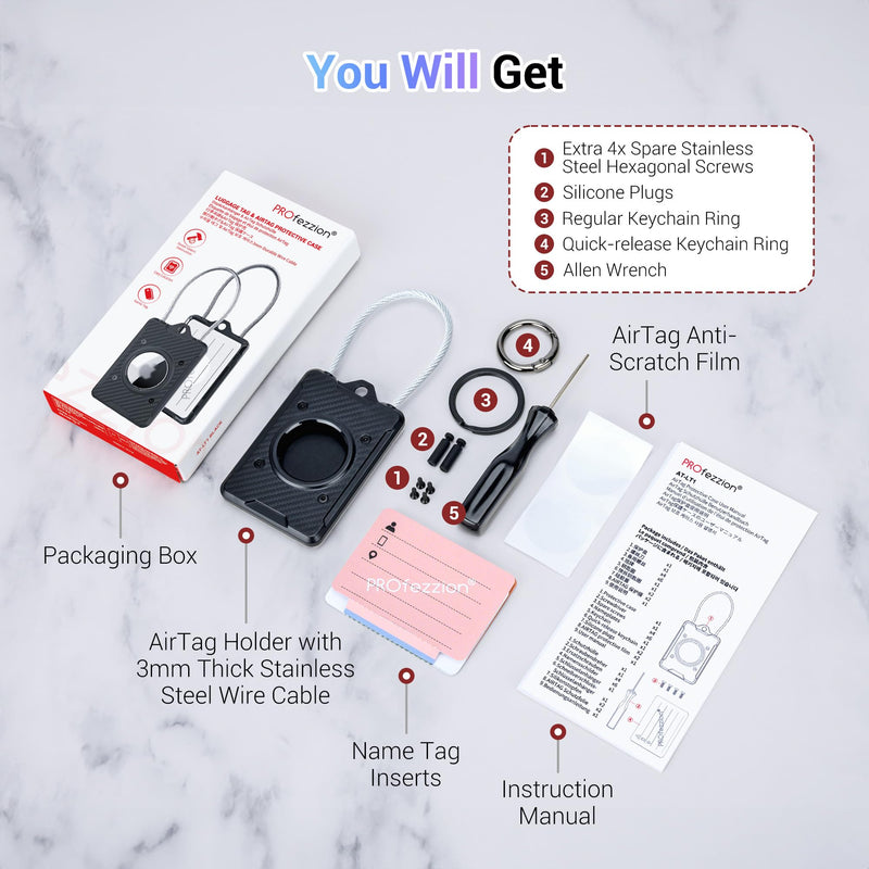 PROfezzion Luggage Tag AirTag Holder with Wire Cable Key Rings for Travel + Metal AirTag Holder for Luggage