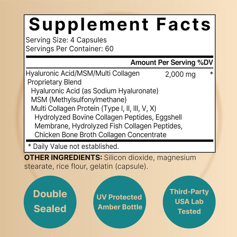 NatureBell Hyaluronic Acid Supplements 2000*mg | 240* Capsules, with MSM & Multi Collagen – 3 in 1 Support – Skin Hydration, Joint Lubrication, Hair, and Eye Health 240 Count (Pack of 1)