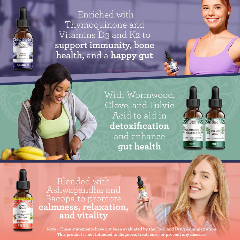 [Australia] - GuruNanda Total Wellness Boost with Liquid Ashwagandha, Black Seed Oil & GutCleanse - Helps with Immunity and Mind Care 