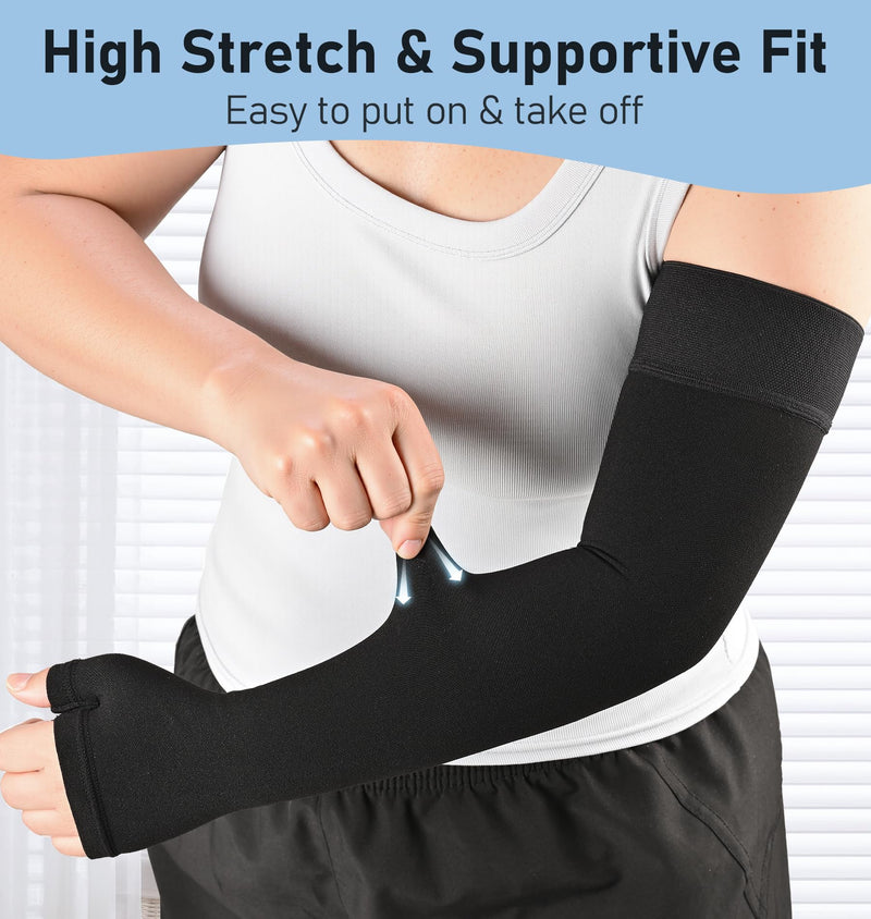[Australia] - KEKING Lymphedema Medical Compression Arm Sleeve with Gauntlet, 15-20 mmHg Graduated Compression Full Arm Support for Women Men (Single), Long Pressure Arm Hand Brace for Arthritis, Bursitis, Edema Large Black (Single) 