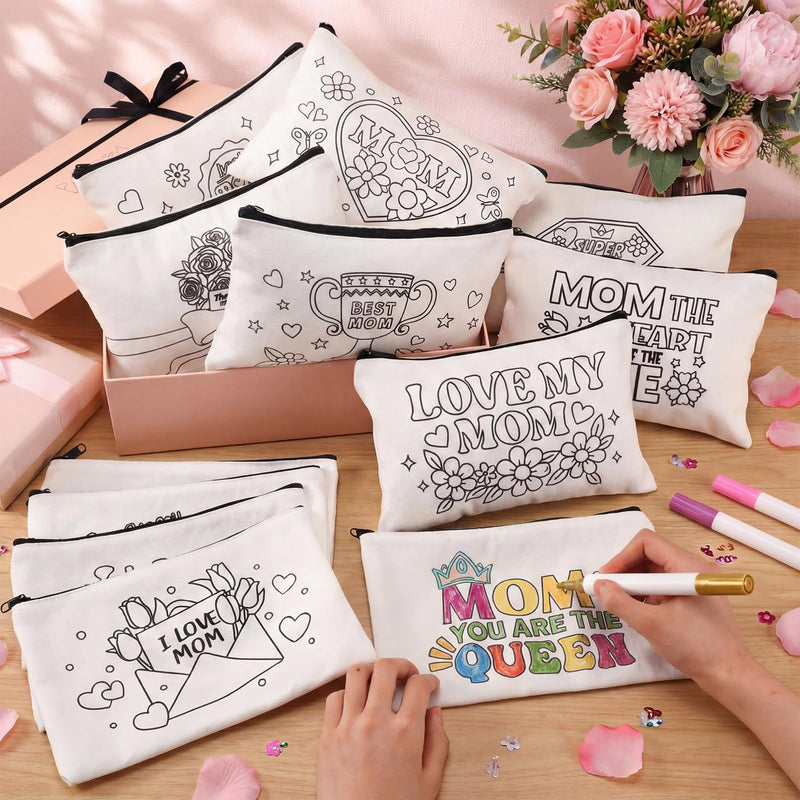 24 PCS Mother's Day Crafts Kit Women Makeup Bag Color Your Own Inspirational Quotes Canvas Cosmetic Bags DIY Make Your Own Art Project for Mom Grandma Gifts Mother's Day Travel Activities