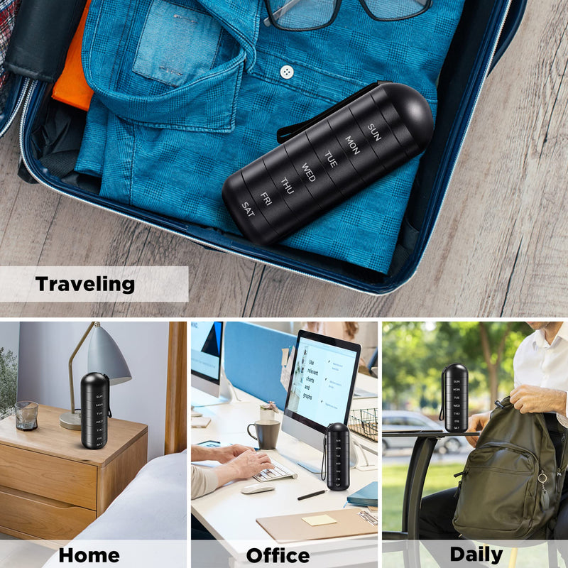 Zannaki Weekly Pill Organizer 7 Day 2 Times a Day, Portable Metal Travel Waterproof AM PM Pill Box,Large Pill Case Container, BPA Free Daily Medicine Organizer Holder for Vitamin, Fish Oil, Supplement Black-xl(2 Times a Day)