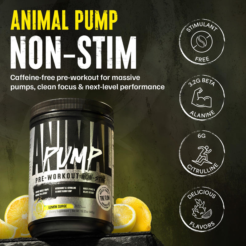 Animal Pump NS Stim-Free Pre Workout Powder for Men & Women - Caffeine-Free Preworkout for Energy, Focus and Muscle Builder, Beta Alanine, Citrulline, Nitrosigine and Nootropics, Lemon Surge, 442g