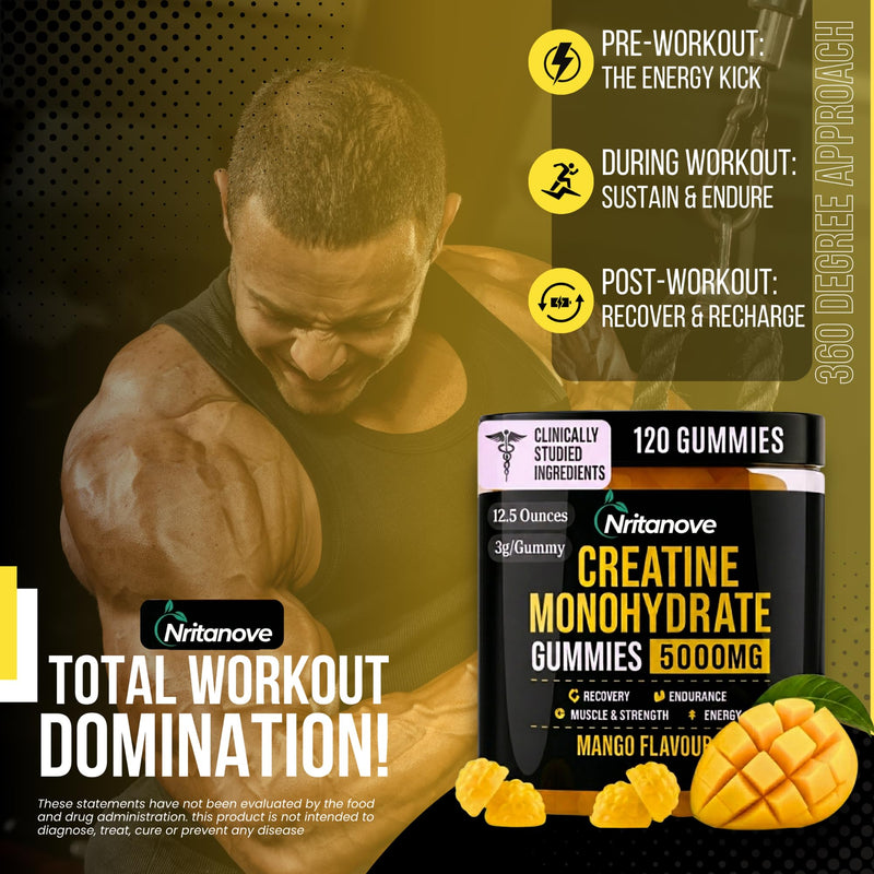 Sugar-Free Creatine Monohydrate 5000mg Gummies, 120 Count, Mango Flavour, High-Strength Creatine Gummy Supplement for Workout & Gym Support for Men & Women