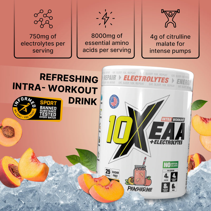 10X Athletic EAA Essential Amino Acids - Peacherine, Muscle Recovery & Hydration, 450g, Vegan, Gluten & Lactose-Free, Supports Muscle Growth,Informed-Sport Certified