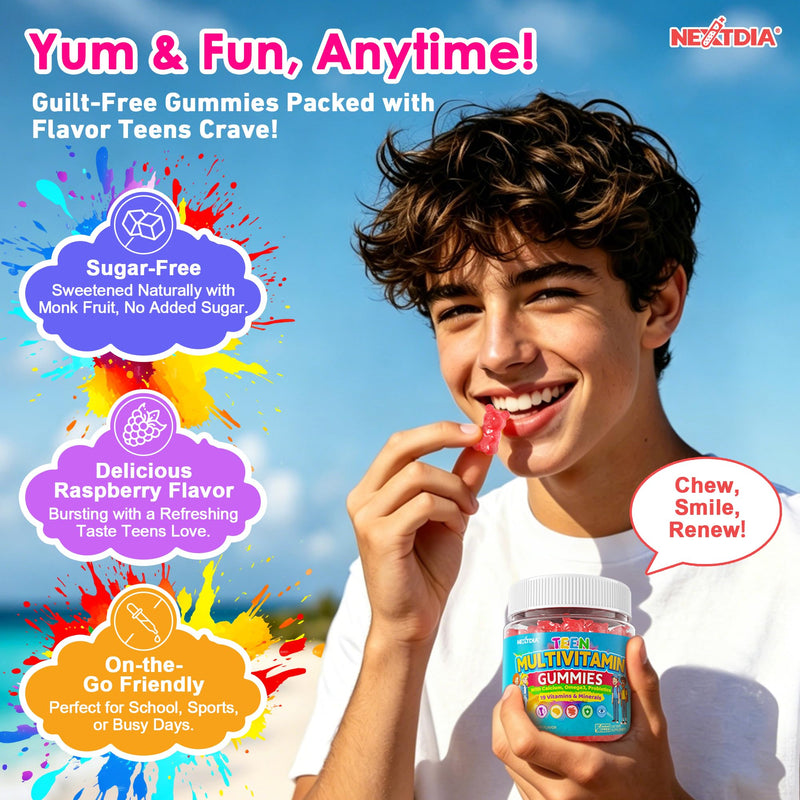 Teen Methylated Multivitamin Gummies + Algae Omega 3, Superfoods, Probiotic | Boys Girls 12-19, Vitamin A C D3 K2 B Complex, Calcium Magnesium Zinc for Bone, Brain, Immune & Gut Support, No Sugar, 2 Pack