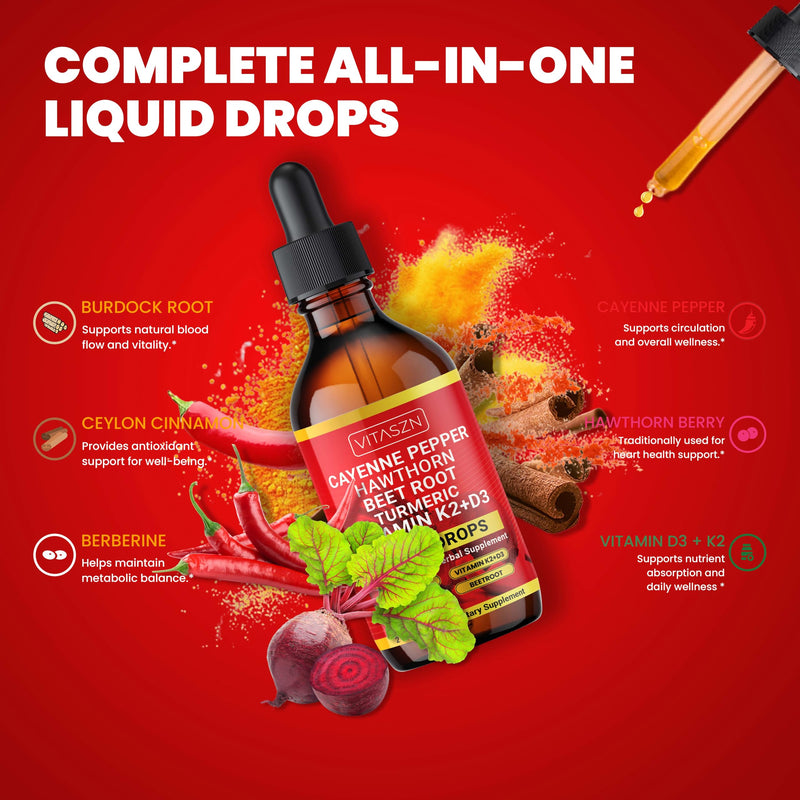 [Australia] - Cayenne Pepper Drops Liquid Supplement with Hawthorn Berry, Vitamin D3 + K2, Beet Root, Ceylon Cinnamon, Turmeric Curcumin, Panax Ginseng & Berberine Vegan-Friendly, Easily Absorbed 2oz - 60ml 