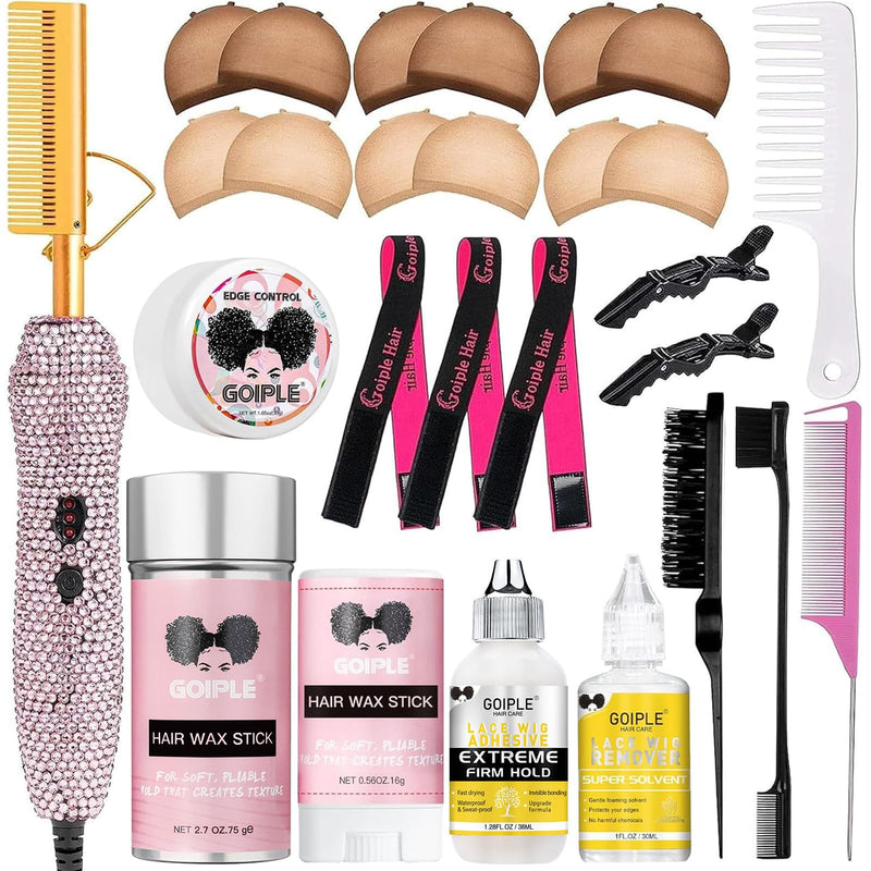 Diamond Electric Adjustable Temperature Hair Straightener Brush Set for Wigs and Natural Black Hair (Gold) Gold