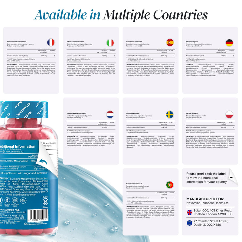 Creatine Gummies - 5000mg Lab Verified - High Strength Monohydrate Gummies - Increase Physical Performance - Alternative to Tablets, Powder & Capsules - Novomins