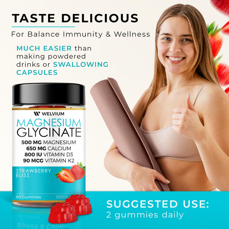Magnesium Glycinate Gummies with Ashwagandha, L-Theanine & Vitamins | 500mg Magnesium Glycinate, D3, K2, B6, Calcium, Zinc, Potassium Supplement for Immune Support, Chewable Magnesium