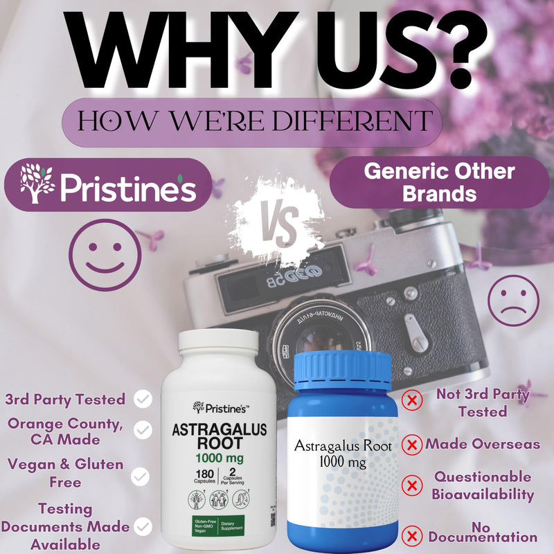 [Australia] - PRISTINE'S Astragalus Root Immune Support Supplement Capsules -1000mg 90 Day Supply Herbal Adaptogen - Healthy Aging, Heart & Lung Health 
