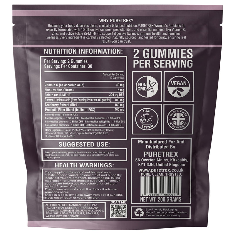 Puretrex Women’s Probiotic & Prebiotic Gummies, Gut Digestive Vaginal & Immune Health Support, pH Balance & Bloating Relief, UK Made Vegan Gummies with Folate Zinc & GLA, 60 Gummies, 1 Month Supply