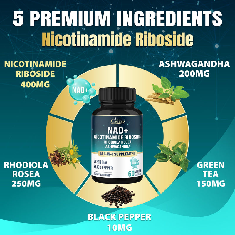 Organic Cadane Nicotinamide Riboside Supplement | with Rhodiola Rosea, Ashwagandha, Green Tea & More | Cellular Health & Vitality Support | Vegan, Non-GMO – 60 Capsules
