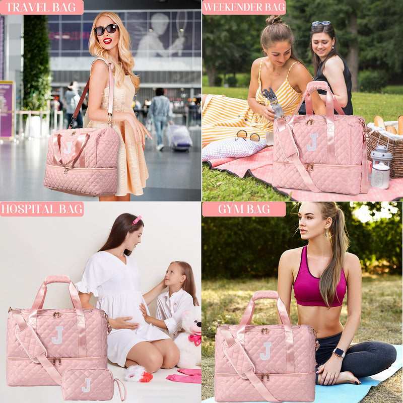 Personalized Initial Travel Bag, Quilted Duffle Bag, Weekender Bag for Women with Cosmetic Bag, Gym Bag with Shoe Compartment, Carry on Overnight Bag, Hospital Bag for Labor Delivery (Pink, J) Pink