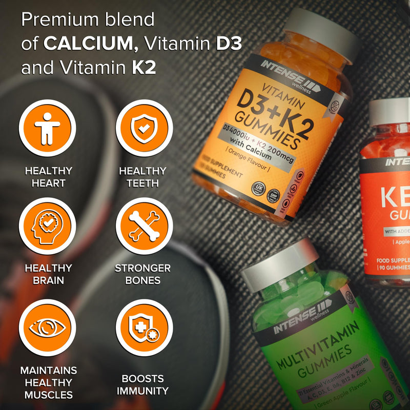 High Strength 90 Vitamin D3 4000 IU Gummies with K2 & Calcium - Sugar Free Orange Chewable for Strong Bones, Teeth & Immune Health - Non-GMO Vegan Gluten-Free - Vitamins D Food Supplement 90 count (Pack of 1)