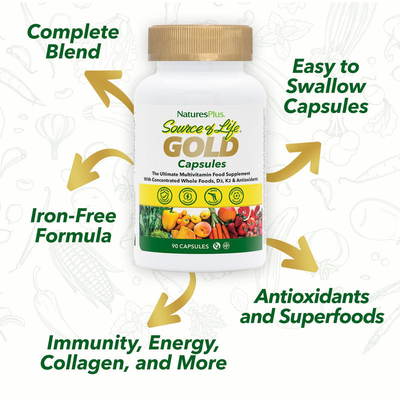 NaturesPlus Source of Life Gold Capsules - Whole Food Based Multivitamin for Men and Women, Energy, Immune, Focus - Gluten Free, Vegan - 90 Capsules