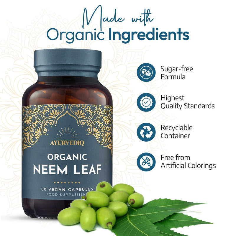 Ayurvediq Organic Neem Leaf Capsules x60 600mg (Azadirachta Indica) – Indian Lilac Neem Powder Organic – Detox, Immunity Support, Clear Skin Soil Association Organic Health and Wellbeing Supplements