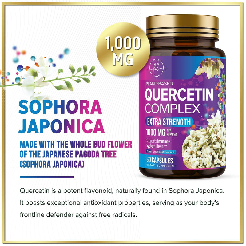 Quercetin Capsules - 1000mg per Serving Premium Plant-Based Bioflavonoids - Extra Strength Antioxidant & Immune Support - Powerful Respiratory Health Supplement - Bottled in USA - 60 Veggie Capsules 60 Count (Pack of 1)
