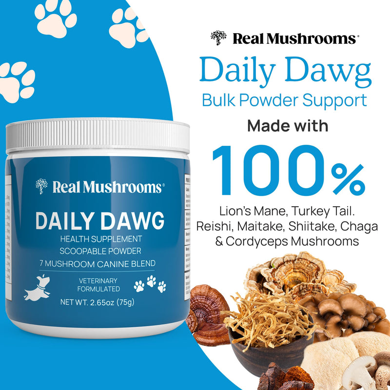 Daily Dawg Mushroom Extract Powder Support - 265 oz Bulk Supplement Dog Vitamins with Real Mushrooms Lions Mane, Cordyceps Mushroom, Turkey Tail, Reishi Shiitake - PawsPlanet Australia