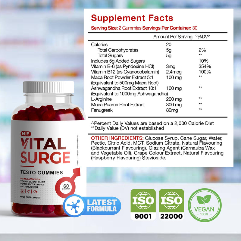 Vital Surge Testo Gummies, 60 Gummies, Formulated with Vitamins B6, B12, Muira Puama Root Extract and Fenugreek