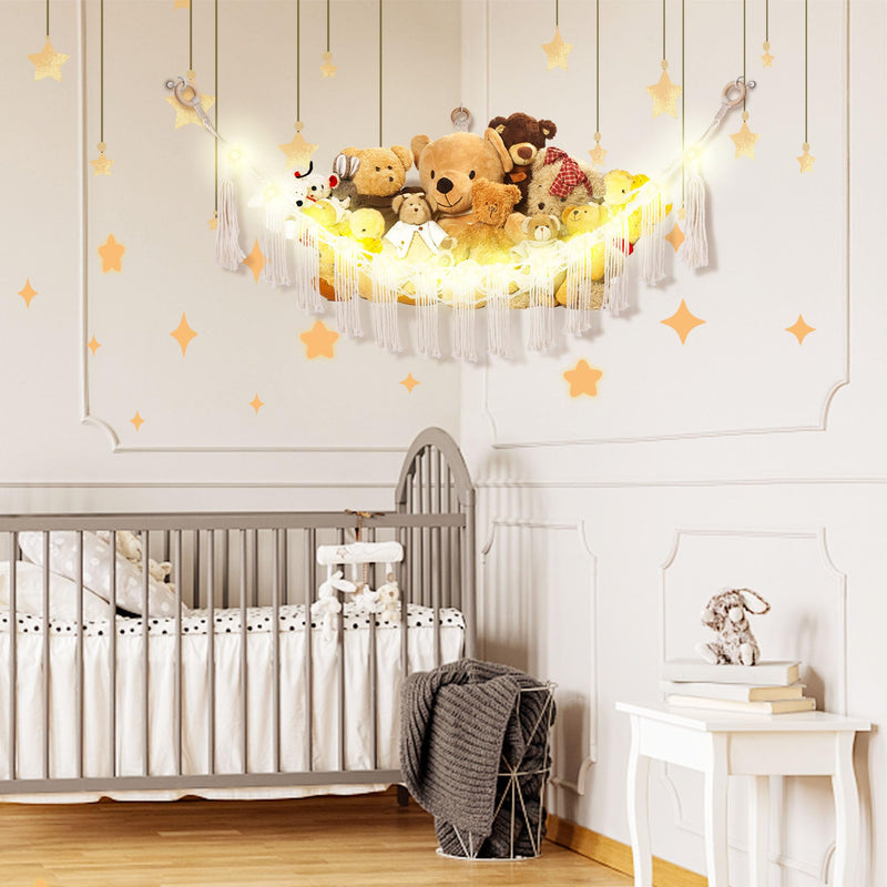 [Australia] - Stuffed Animal Hammock with LED Light, Toy Hammock for Stuffed Animals Storage for Kids Room Decor, Stuffed Animal Hammock Corner, White Large-(Package of 1) 