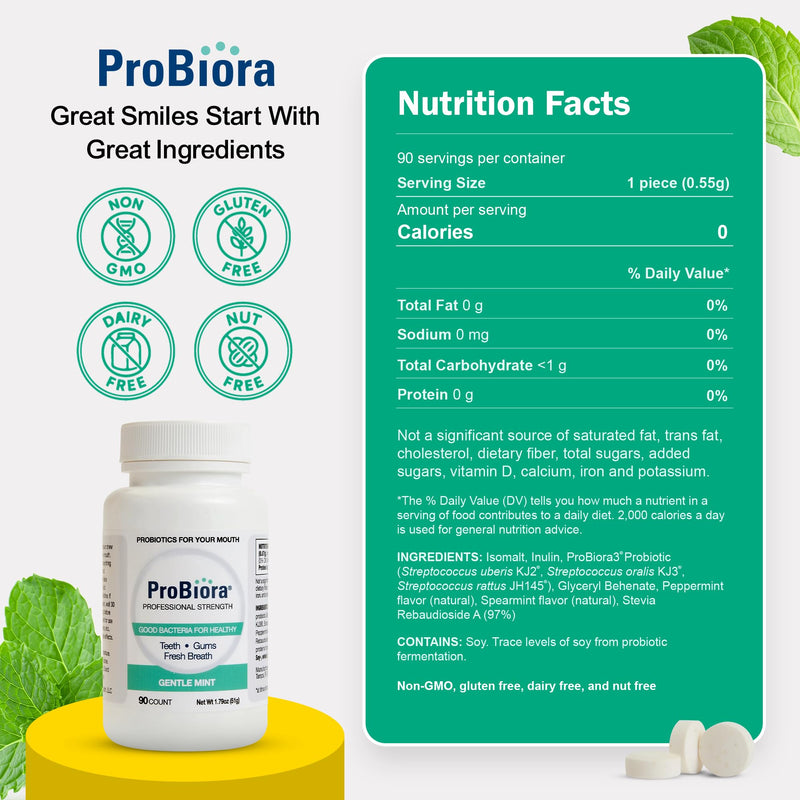 [Australia] - ProBiora Professional Strength Oral Probiotics for Teeth and Gums | Dental Probiotic for Oral Health | Bad Breath Treatment for Adults | Tooth Whitening | ProBiora3 Probiotic Blend | 90 Mint Tablets Gentle Mint 