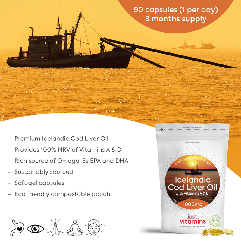Icelandic Cod Liver Oil 1000mg | 90 Premium Softgels | High Strength Omega 3 with Vitamins A & D | Supports Heart, Brain & Eye Health | UK Made - Just Vitamins