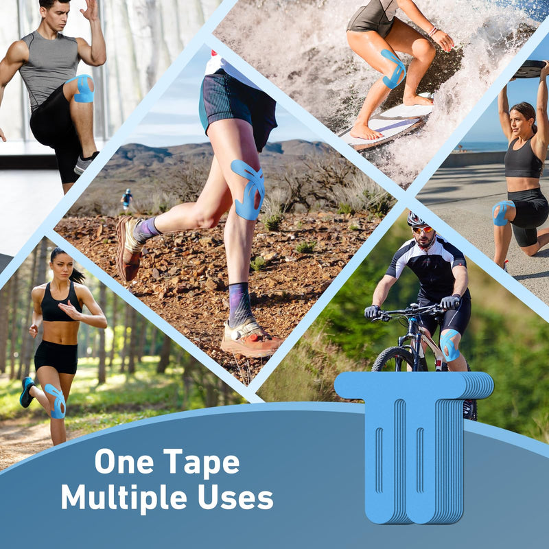 PreCut Kinesiology Tape for Knees, 24PCS Waterproof KTQUICK Knee Tape for Knee Pain Relief Pre Cut, Original Cotton Athletic Knee Tape, Waterproof & Hypoallergenic Latex-Free for Sports(Blue) Blue