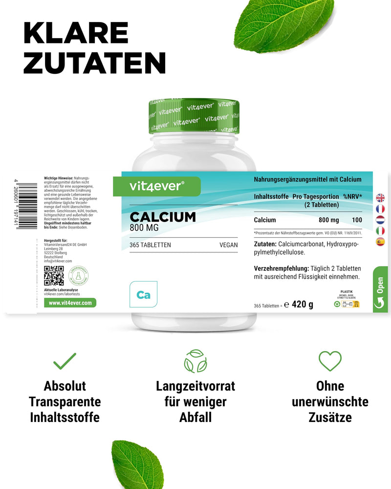 [Australia] - Calcium - 365 tablets - 800 mg calcium from calcium carbonate per daily serving - For 6 months - Vegan, laboratory tested, high dosage & without unwanted additives 420 g (pack of 1) 