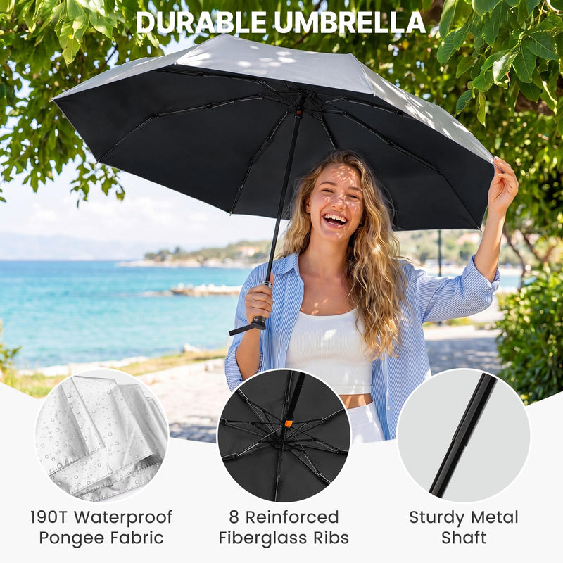 G4Free 46 Inch Mini Travel Umbrella with Retractable Handle Pocket Size Travel Umbrella with Ring Carabiner Handle, Automatic Open UV Protection