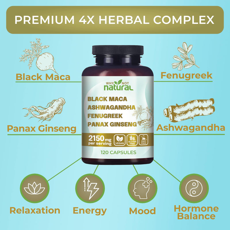 [Australia] - Why Not Natural 4-in-1 Organic Black Maca Root, Ashwagandha, Fenugreek, Panax Ginseng Capsules, Supplement for Men and Women (120 Count (Pack of 1) 120 Count (Pack of 1) 