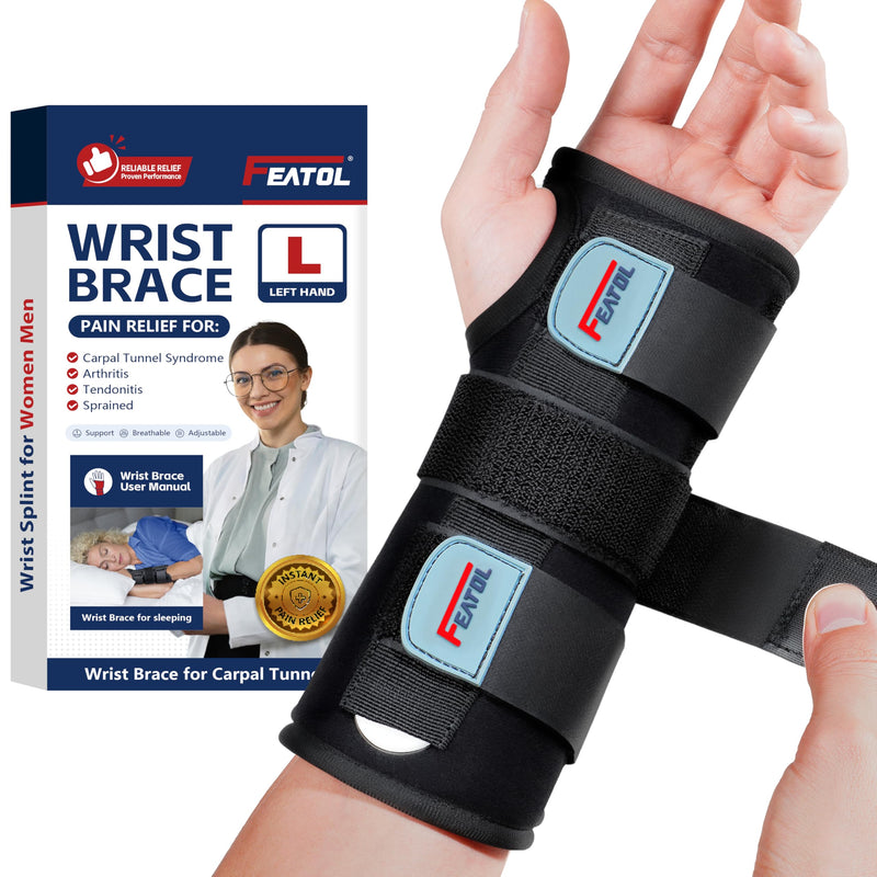 FEATOL Wrist Brace for Carpal Tunnel, Adjustable Night Wrist Support Brace with Splints Left Hand, Large/X-Large, Hand Support for Arthritis, Tendonitis, Sprain, Injuries Large/X-Large (Pack of 1) Left Hand -Black