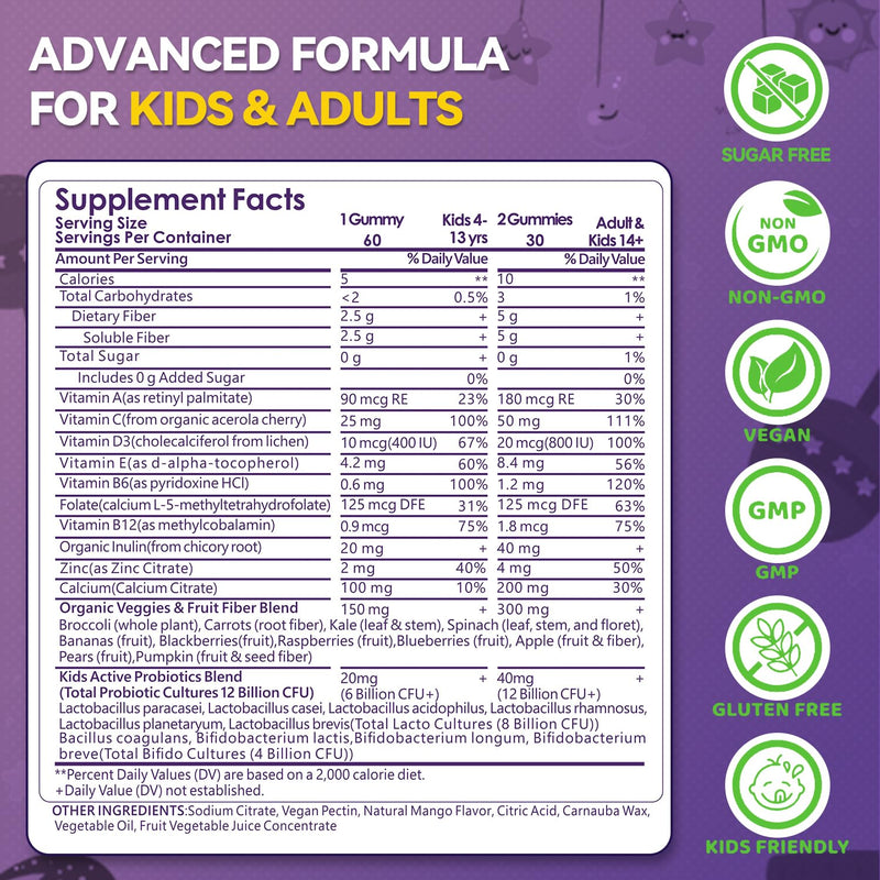 Kids Probiotic + Prebiotic Fiber 5G Gummies 12 Billion CFU Probiotics | Organic Veggie Fruit Fiber Gummy Sugar Free Probiotic Fiber Supplement for Children Digestive & Gut Immune Health, 60 Gummies