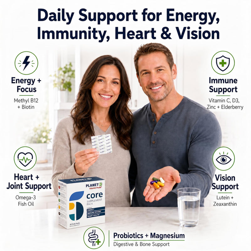 Daily Vitamin Packs for Men & Women – Immune, Energy & Heart Support with Vitamin D3, Omega-3, Probiotics, Methyl B12 & Vitamin C – Multivitamin with Lutein – Planet 3 Vitamin Packs, 30 Packets