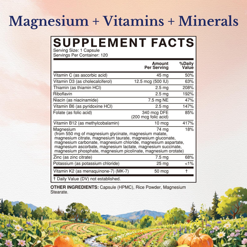 Vitalitown 25-in-1 Magnesium Complex, 74mg, Magnesium Glycinate, Malate, Taurate, Vitamin C, D3, K2, B Complex, Gentle & High Absorption, Non-GMO, 120 Capsules 120 Count (Pack of 1)