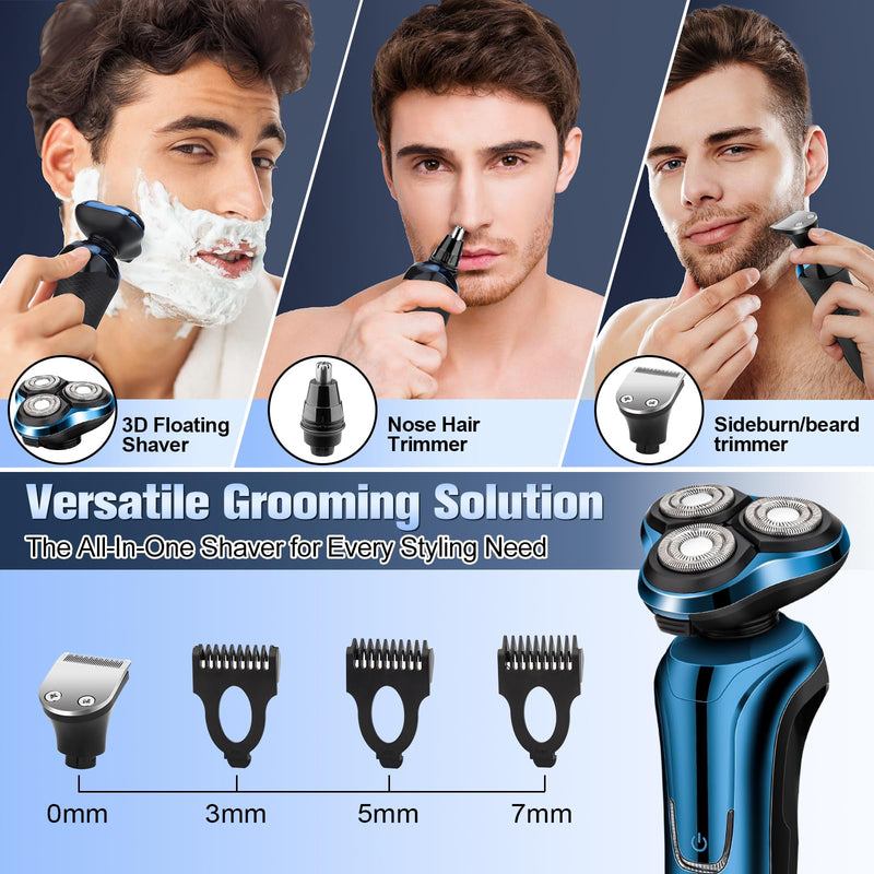 Electric Razor for Men, Shaver for Men Face,Waterproof Wet Dry Electric Shavers LED Display Cordless with Rechargeable Nose Hair Trimmer and Beard Trimmer,Prtable Travel Men's Razors Led Blue