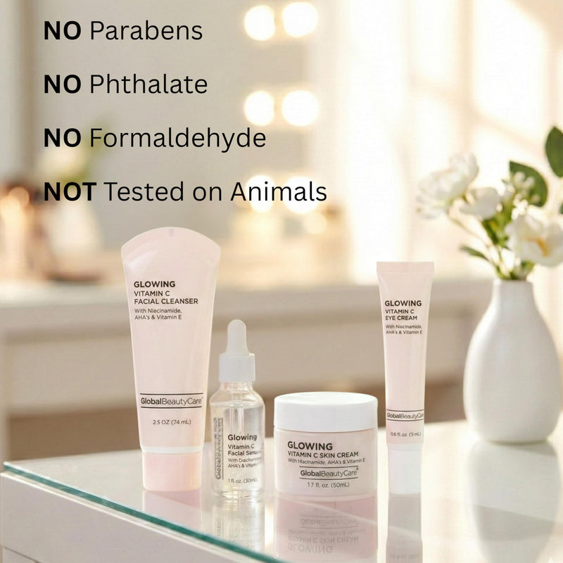 Global Beauty Care Vitamin C Glow Skincare Set - Complete Face Care Routine, Facial Cleanser, Serum, Eye Cream & Face Cream, with Niacinimade, AHA's & Vitamin E For Radiant Smooth Skin, 4-Piece Set 4-Piece Skincare Set