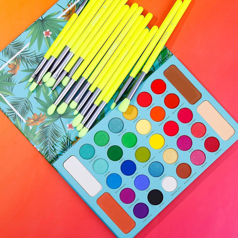 [Australia] - Docolor 15Piece Eye Makeup Brushes Set + 34 Colors Tropical Eeyshadow Palette Pigmented Matte Shimmer Metallic Blendable Soft Cream Powder Makeup Eye Shadow Palettes for Christmas Gift 