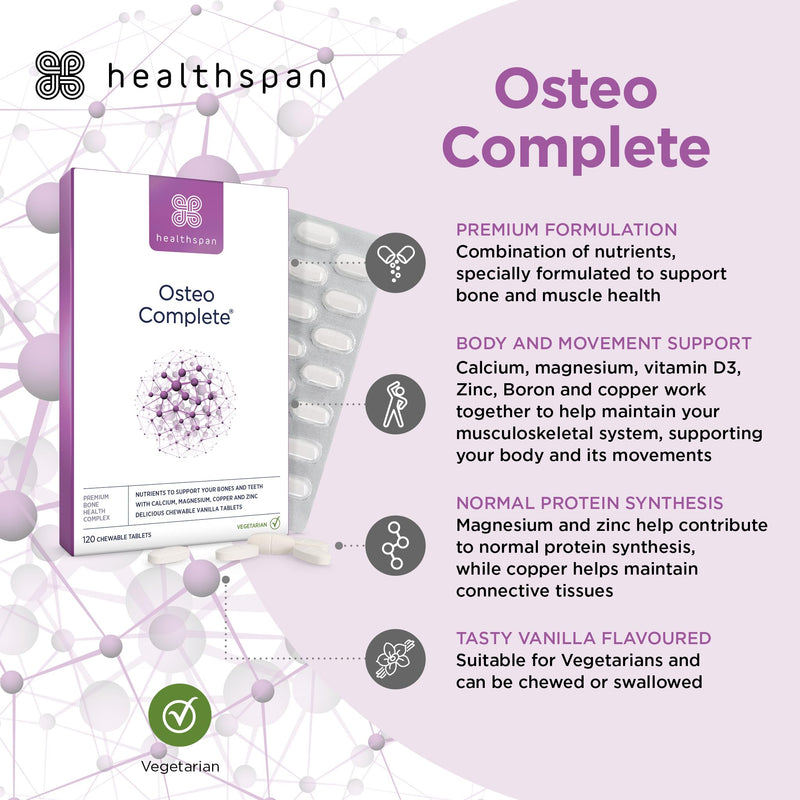 Healthspan Osteo Complete Bone Support | 240 Vanilla Chewable Tablets | Bone, Teeth & Muscle Health | with Vitamin D3, Zinc, Calcium, Magnesium, Boron & Copper | Vegetarian
