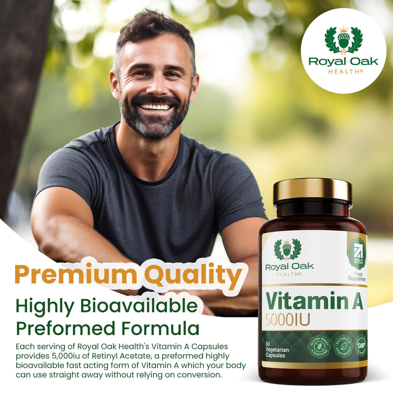 Vitamin A 5000IU | 60 Vegan Capsules | Retinyl Acetate | Supports Vision, Skin & Immune Function | Gluten & Dairy Free | Made in Britain