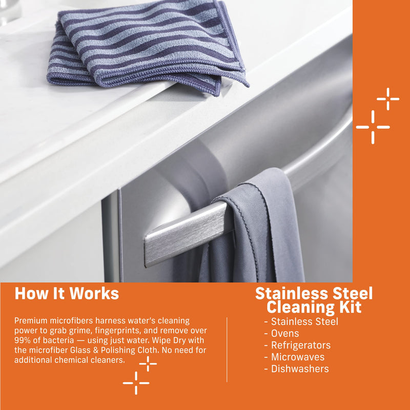 E-Cloth Stainless Steel Microfiber Cleaning Cloth Kit - Stainless Steel Cleaner for Appliances, Oven, Stove, & More - Microfiber Towels for Cars - Reusable Cloths for Cleaning New Version Cleaning & Polishing Set