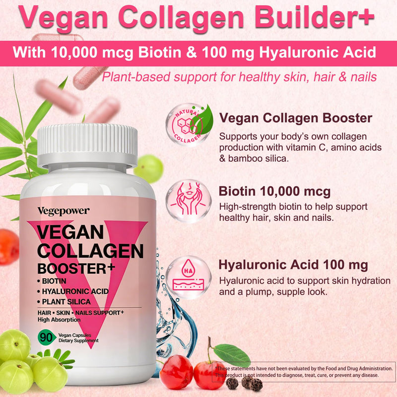 Vegan Collagen Booster with Biotin 10,000 mcg, Hyaluronic Acid, Bamboo Silica, Vitamin C & Zinc, Plant Based Hair Skin & Nails Support for Women & Men, 90 Vegan Capsules Fruit 90 Count (Pack of 1)