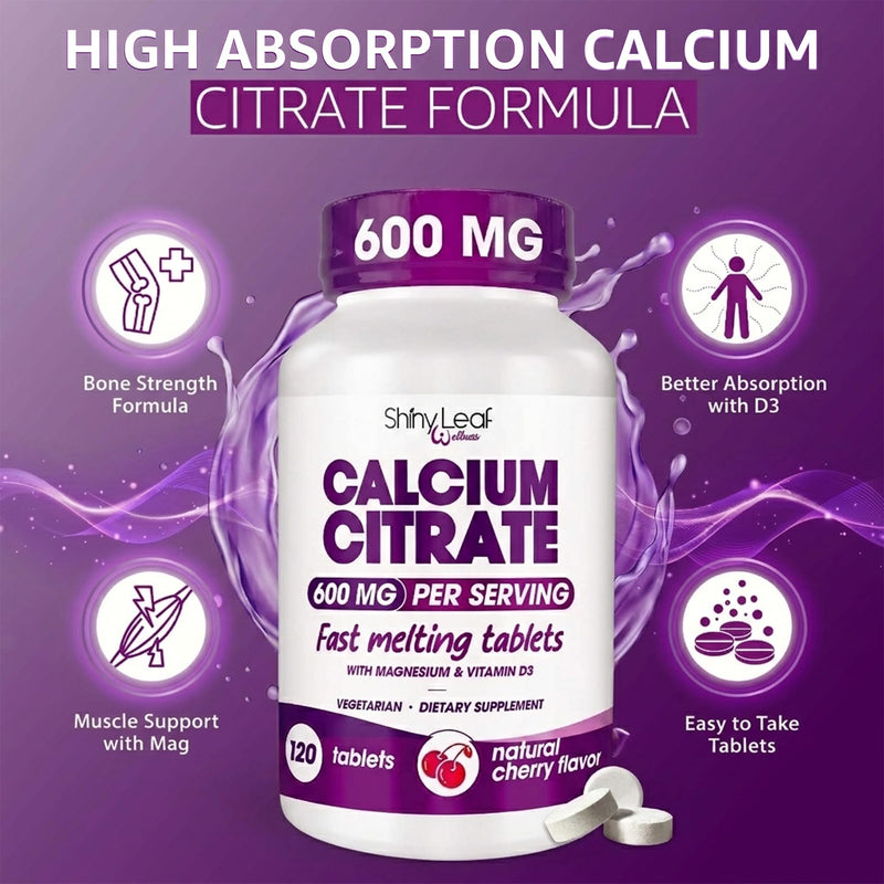 Shiny Leaf Calcium Citrate 600 mg with Magnesium & D3, Cherry, 120 Count | Bariatric calcium citrate fast dissolve tablets with magnesium and vitamin D3. High absorption, non chalky, cherry flavor 120 Count (Pack of 1)