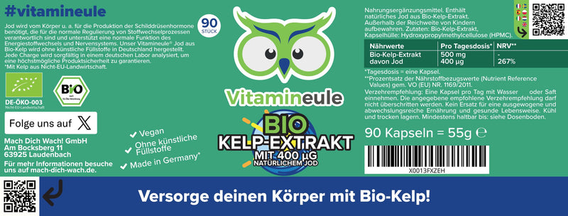 [Australia] - Iodine capsules made from organic kelp - high dose with 400 µg - quality from Germany - natural iodine from organic kelp algae extract - without additives - vegan - laboratory tested - from brown algae - Vitamineule® 